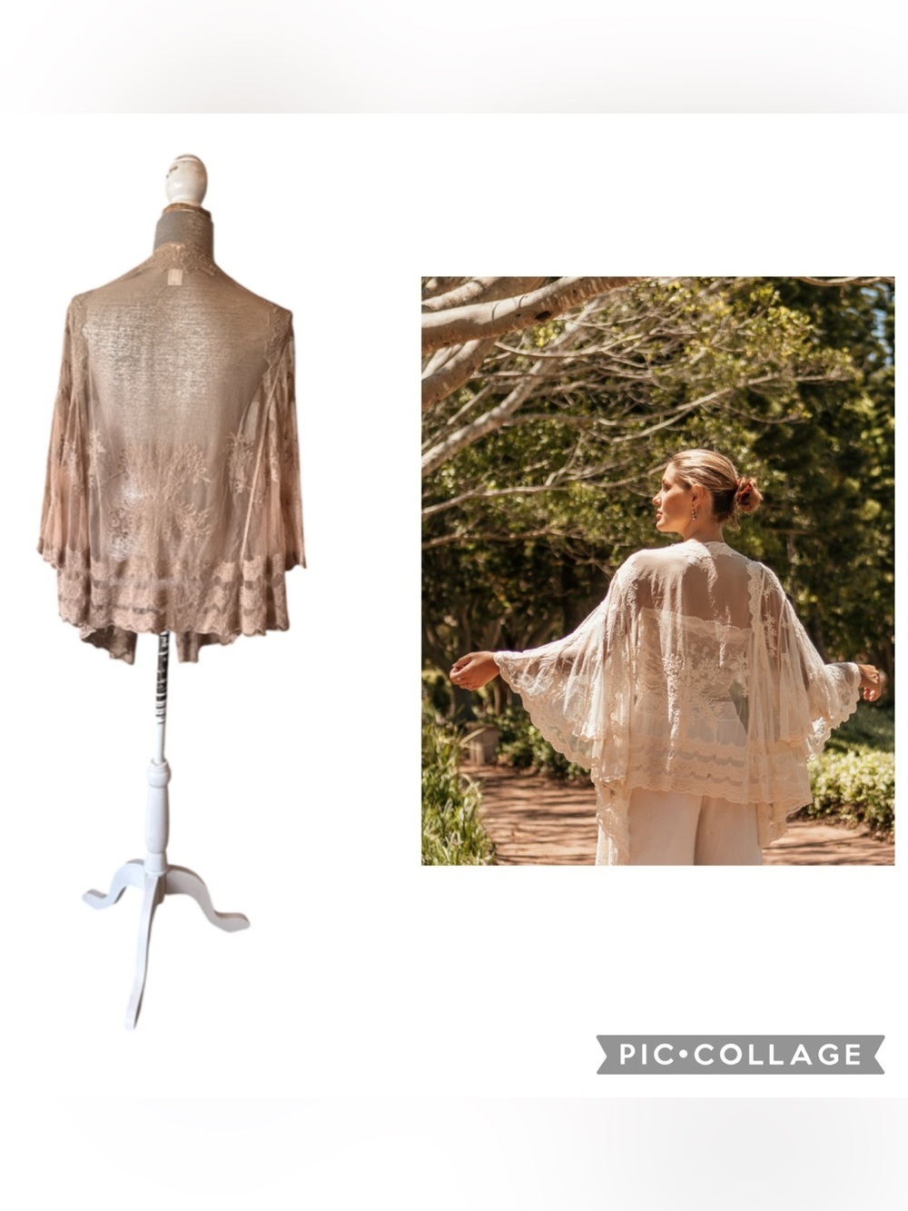 Purity Lace Designs Adelle Kimono Latte Sheer Lace Boho Bell Sleeve Size OS - Picture 6 of 8